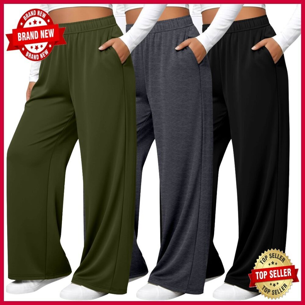 Plus Size Wide Leg Yoga Pants 3-Pack Drawstring Sweatpants Joggers